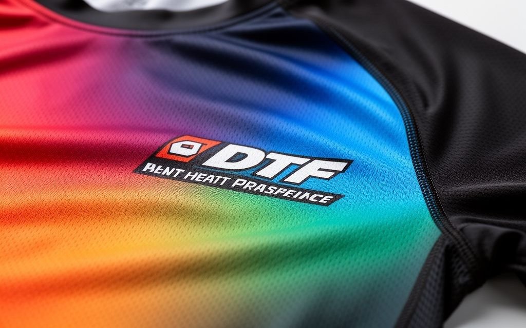 Professional heat press applying DTF transfer to sportswear