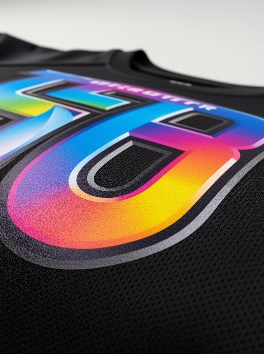 Close-up of a colourful DTF heat transfer print being applied to a sports jersey
