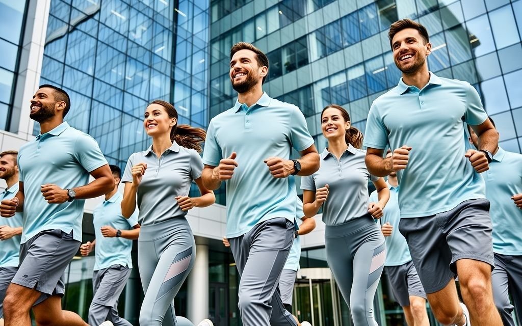 Corporate athletic group and organization staff wearing custom branded teamwear